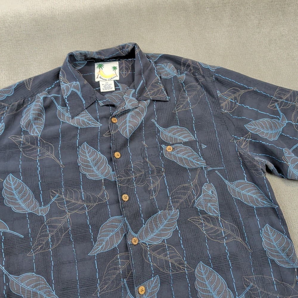 Banana Cabana XL Silk Shirt Mens Short Sleeve Tropical Leaf Print Black Blue